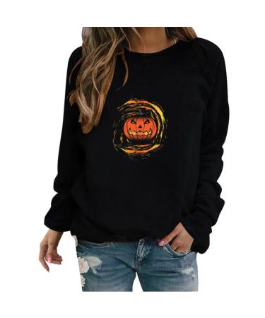 Creoqiji sweater women elegant women casual halloween print long arm round -up sweatshirt loose daily sweatshirt tops sweater with glitter pressure pencil orange xxl