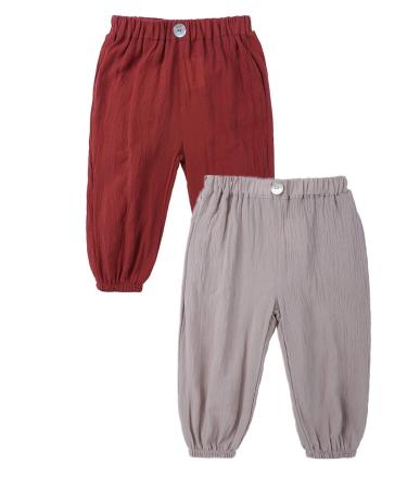 AYIYO Baby Linen Pants Kids Girls Boys Elastic Waist Loose Long Harem Bloomers 2Pcs Set 12-24 Months Brick Red+khaki