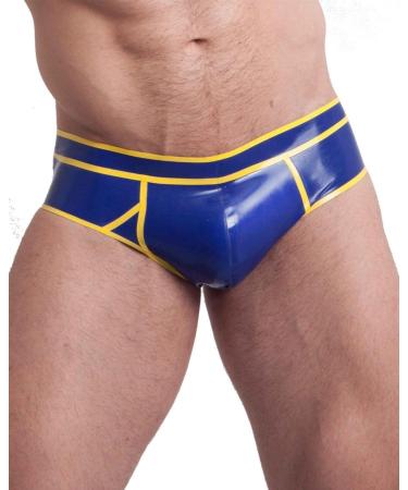 SUPERCH Handmade Latex Briefs for Men Blue with Yellow Rubber Underpants Blue S