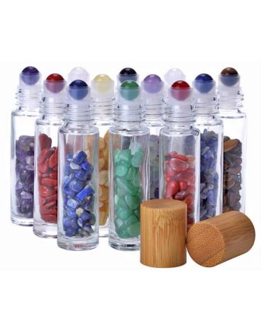 10 Pieces 10ml Clear Glass Roll-on Bottles with Gemstone Roller Ball and Healing Crystal Chips Inside Glass Roller Bottles with Natural Crystal Stones Roller Balls For Essential Oils Bamboo Lids