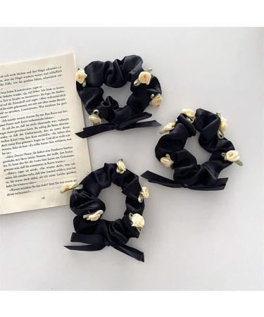 Rose Hair Band Soft Silky Satin Elastic Flower Hair Scrunchies Soft Hair Tie Scrunchy Hair Band Ponytail Women Girls Lady Children Hair Accessories (black) - Buy Online on GoSupps.com