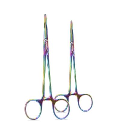Cynamed Set of 2 Artzone Multi Color Hemostat Forceps with Serrated Jaws Stainless Steel Rainbow Pliers - 5 inch Small Forceps - 5 in.