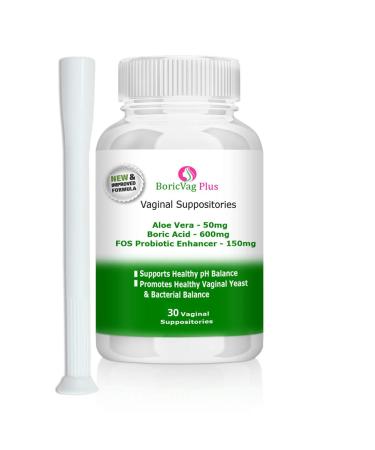 Boric Acid Vaginal Suppositories - 30 Counts - with Aloe Vera and Probiotics Enhancer - Boricvag Plus 30 Count (Pack of 1)