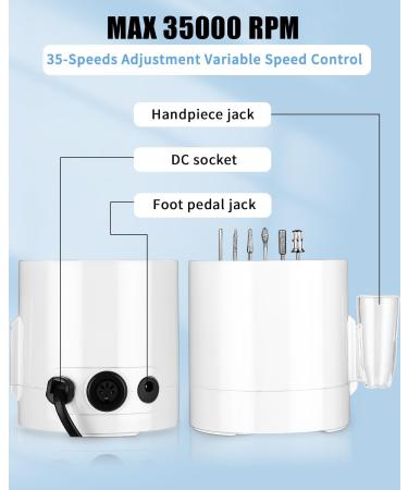 35000 RPM Electric Nail Drill File - Professional Adjustable Speed Manicure Pedicure Kit for Acrylic and Gel Nails - LCD Display - White - Buy Online on GoSupps.com