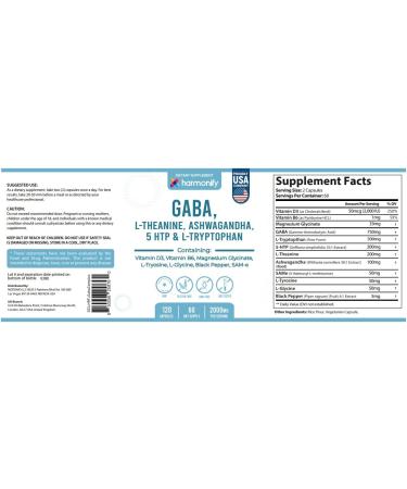 HARMONIFY GABA L-Theanine Supplements with Magnesium Glycinate, Ashwagandha, Same, 5-HTP and L-Tryptophan, 12 in 1 Supplements, 120 Capsules, 2000 mg - Buy Online on GoSupps.com