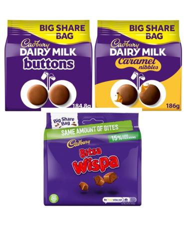 Dairy Milk Bundle with Giant Buttons Sharing Chocolate Bag 185g with Caramel Nibbles 186g & Bitsa Wispa 186g (3 Pack)