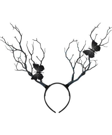 Lurrose Tree Branches Butterfly Headband Christmas Fairy Witch Tree Branches Antlers Headband Halloween Cosplay Prop Vintage Hair Accessories Gothic Headpiece Black