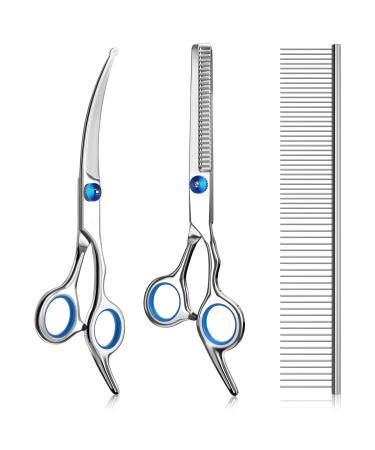 Pets vv 3 Pack Dog Grooming Scissors with Safety Round Tip, Perfect Stainless Steel Up-Curved Grooming Scissors Thinning Cutting Shears with Pet Grooming Comb for Dogs and Cats Blue