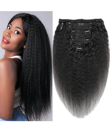 Saisifen Clip in Human Hair Extensions Kinky Straight for Black Women 8 Pieces with 18 Clips in Remy Human Hair Double Weft 120g/Set #1B Natural Color 61 CM 24 Inch 61 CM/24 Inch Kinky Straight