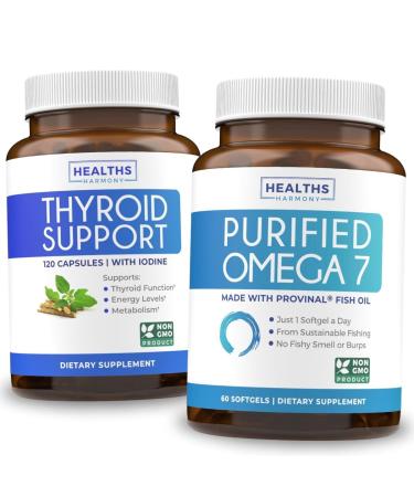 Omega 7 Softgels & Thyroid Support (2-Month Supply) Energy Fusion Bundle - Purified Omega-7 Softgels (60 Softgels) Provinal Peruvian Anchovy and Thyroid Support (120 Capsules) Healths Supplement