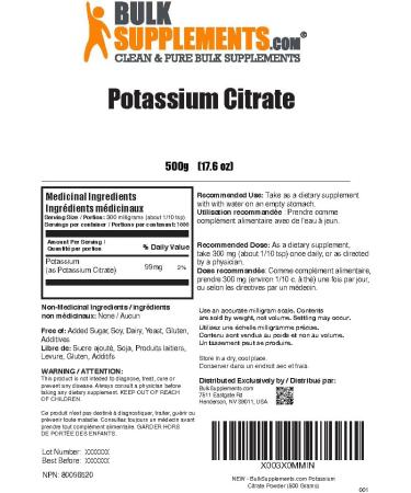 BulkSupplements.com Potassium Citrate Powder - Potassium Citrate Supplement Potassium Powder Potassium 99mg - Gluten Free 300mg per Serving 500g (1.1 lbs) (Pack of 1) - Buy Online on GoSupps.com