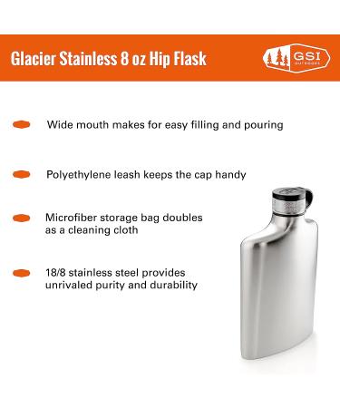 GSI Outdoors Glacier Stainless Hip Flask - 8 oz. Silver for Camping, BBQ, Backpacking & Travel - Buy Online on GoSupps.com