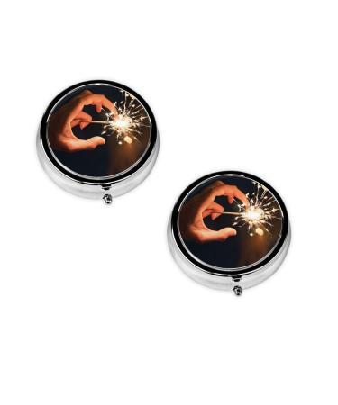 (Beautiful Fireworks) Round Pill Box 3 Compartment Pill Box Mini Decorative Pocket Purse Portable Travel Medicine Tablet Vitamin Holder Organizer Pill Case