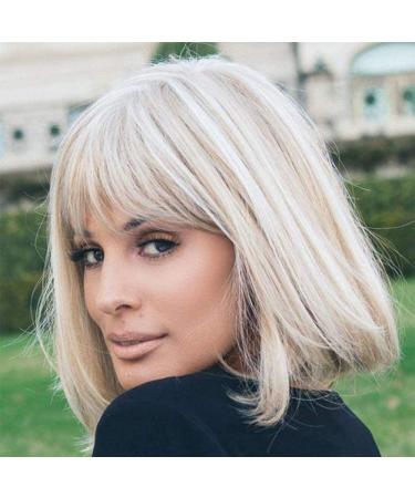HAIRCUBE 12 Inch Blonde to White Bob Wig with Bangs | Ombre to Blonde Synthetic Heat Resistant Hair for Women - Creamy White - Buy Online on GoSupps.com