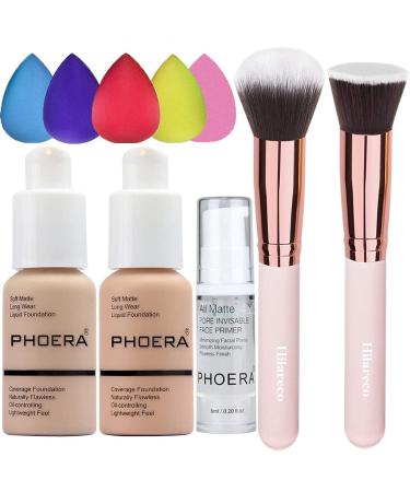 PHOERA Foundation 102 and 103 & Face Primer,Liquid Full Coverage Foundation Set,Foundation Brush Powder Brush,5 Makeup Sponge,30ml PHOERA 24HR Matte Oil Control Concealer (102 Nude + 103 Warm peach)