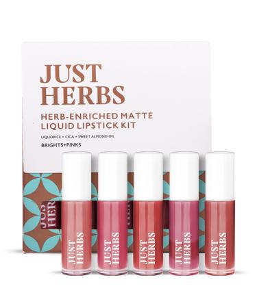 Jus't Herb.s Ayurvedic Liquid Lipstick Kit Set of 5 with Long Lasting Hydrating & Lightweight Lip Colours - Paraben & Silicon Free (Brights & Pinks)