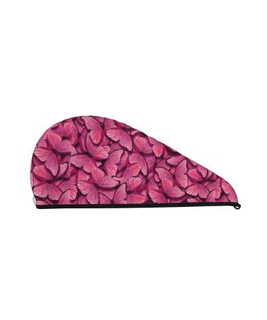 Hair Towel Wrap Hair Drying Towel with Button Towel Turban Head Towel to Dry Hair Quickly (Pink Butterfly)