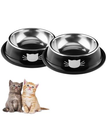 DOMI PRO Cat Bowls 2pc Gray & Black Non-Slip Stainless Steel Cat Bowl Cat Water Bowl Cat Food Bowl Cat Bowls for Kitten (Black) Black+Black