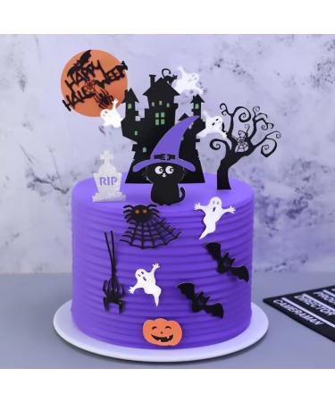 6Pcs Halloween Birthday Cake Topper Halloween Cupcake Topper Haunted House Glitter Spooky RIP Tombstone Pumpkin Bat Cat Spider Skull Cupcake Toppers for Halloween Themed Party Cake Decoration Supplies