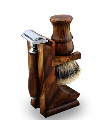 Haryali London Luxury 3 Piece Men's Shaving Set Double Edge Safety Razor Badger Hair Brush and Wooden Stand