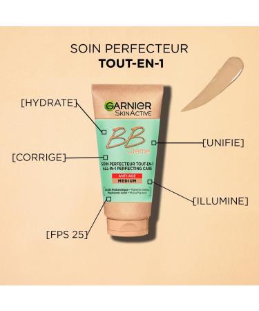 GARNIER Skin Active - BB Cream Anti-Aging - All-in-1 Perfecting Care - Firms & Hydrates - SPF 25 - Hyaluronic Acid & Aloe Vera - Vegan & Cruelty Free - All Skin Types - Medium Tint - 50 ml - Buy Online on GoSupps.com