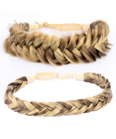 DIGUAN Messy Wide 2 Strands Fishtail Synthetic Hair Braided Headband Hairpiece for Women Girls Beauty Brides Hair Accessory Combination (Highlighted)