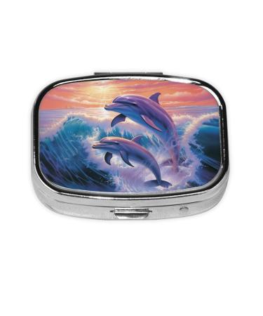 Dolphins Art Printing 2 Compartment Small Pill Case Cute Small Pill Box Purse Pill Boxs Travel Pill Organizer for Pocket Purse and Travel Gifts