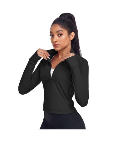HISKYWIN Women's Cropped Workout Jacket Half Zip Pullover Running Shirts 1/2 Zip Slim Fit Long Sleeve Athletic Yoga Tops Jkt-black Medium