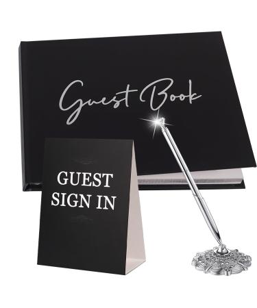 Wedding Guest Book with Pen Black Guest Book for Wedding Reception Party Funeral Memorial Baby Shower Birthday Graduation Guest Book 2023 Thick Paper with Silver Foil