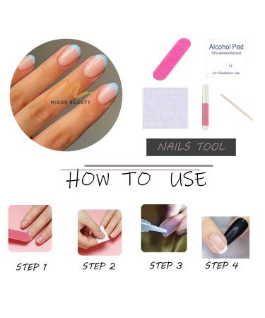 MISUD Short Oval Press on Nails - Glossy Blue French Tip Acrylic Nails - 24 pcs Round Artificial Summer False Nails - Buy Online on GoSupps.com