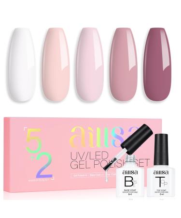 AILLSA Nude Pink Gel Nail Polish Set White Light Pink Mauve Gel Polish with Base and Top Coat Rose Pink Fall Winter Nail Polish Gel Neutral Soak Off U V Starter Kit Gifts French Nail Manicure Salon A7-pink Purple
