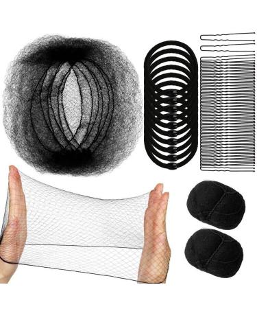 Hair Nets, YGDZ 40pcs Invisible Hair Nets Elastic Edge Mesh for Women Bun, 10 Hair Elastic Bands & 40pcs U-Shaped Pins (Black) Black 50cm
