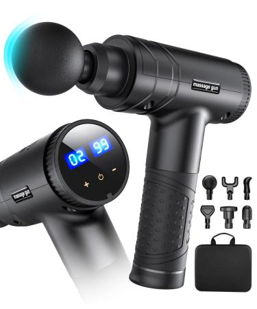 Massage Gun,Quiet Brushless Deep Tissue Percussion Muscle Massager Gun for Back Neck Relieve,Handheld Portable LCD Touch Screen Massage Gun with 30 Variable Speed,6 Massage Heads&Carrying Case Black