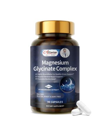 Alliwise Magnesium Glycinate Complex High Absorption Vegan Magnesium Supplement for Women and Men Sleep Support* Promotes Relaxation Heart Muscle & Bone Support* Gluten Dairy and Soy Free -90 ct