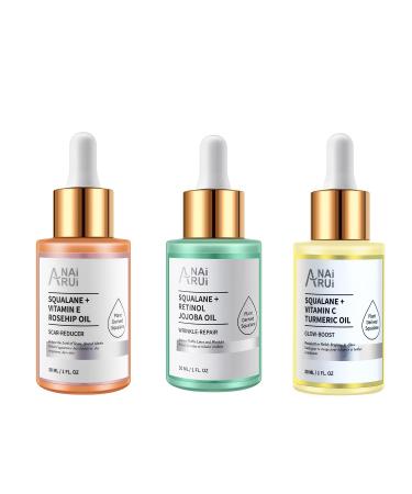 ANAI RUI Squalane Oil Set-Vitamin E Rosehip Oil +Vitamin C Turmeric Oil +Retinol Jojoba Oil for face Moisturize Fine Lines &Wrinkle Softer Skin