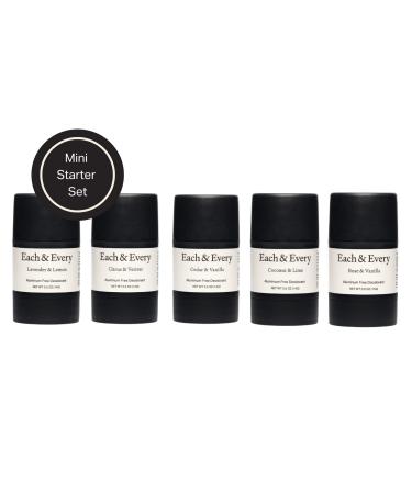 Each & Every 5 Minis Deodorant Starter Set | Aluminum-Free and EWG Verified | Sensitive-Skin Friendly Free of Baking Soda and Alcohol Plant-Based Packaging | (0.5 oz Pack of 5)