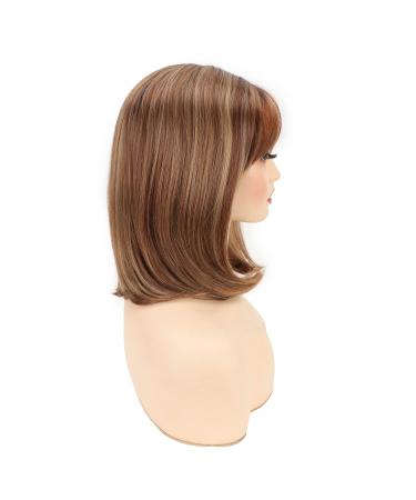 Short Blonde Highlight Bob Wig with Bangs: Dark Roots Strawberry Blonde Synthetic Wig - Shoulder Length for White Women - Buy Online on GoSupps.com