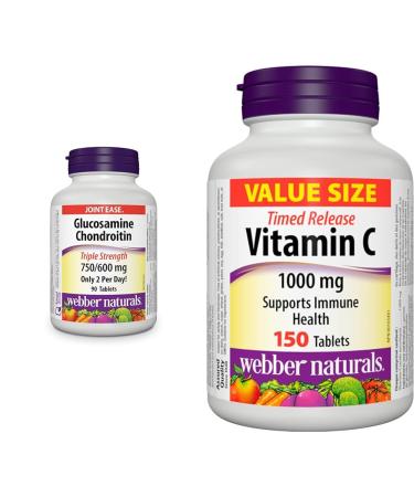 Webber Naturals Glucosamine Chondroitin Triple Strength 90 Tablets & Vitamin C Timed Release 1000 mg 150 Tablets For Bones Teeth Immune and Antioxidant Health