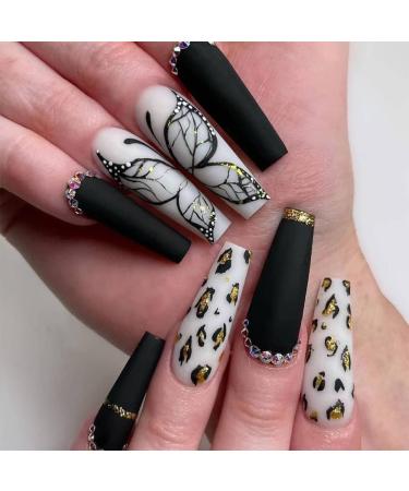 Vatocu coffin matte false nails long black white fake nails butterfly leopard print press on nails halloween acrylic stick on nails for women and girls (24 pieces)