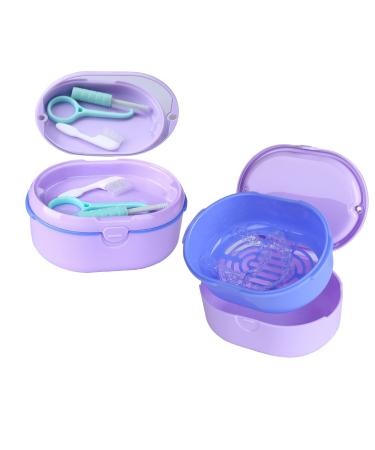 Large Denture Bath Case Cup Box Holder Storage Soak Container Retainer Case Mirror Orthodontics Mouth Guard Case Suitable for Dentures Partial Dentures Chews and Removal Tool with Braces(Purple)