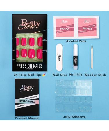 BettyCora Square Press-On Nails Set - 24 Pcs, 12 Sizes, Spring/Summer Gel Acrylic Manicure for Women/Girls - Pink/Magenta - Buy Online on GoSupps.com
