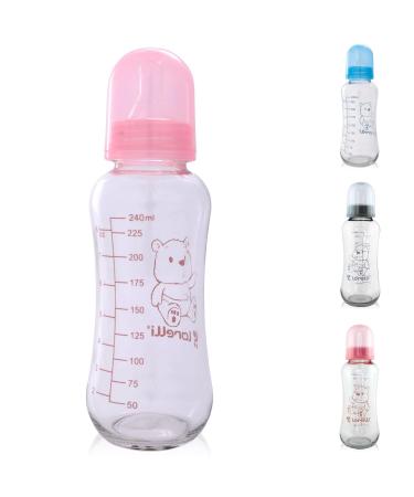 Lorelli Baby Glass Bottle 240 ml Capacity Silicone Teat Lid from Birth Color: Pink