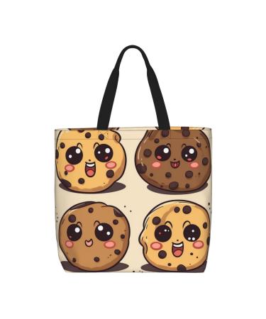 DEHIWI 3 Chocolate Chip Cookies With Different Expressions Tote Bag For Women Waterproof Casual Shoulder Bag With Zipper Grocery Handbags For Office Shopping Travel Black One Size