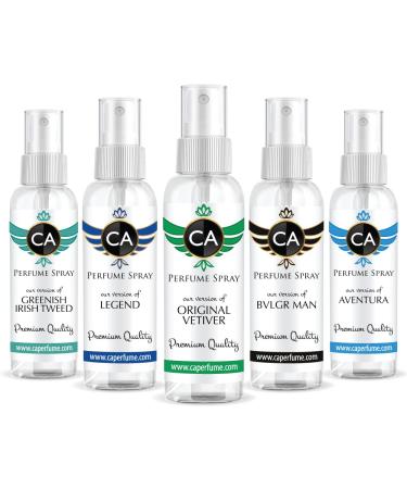 CA Perfume Niche Men Set Impression of (Aventura + Greenish Irish Tweed + Original Vetiver + Legend + Bvl. Man) Fragrance Sample Travel Size Parfum Sprayer (2 Fl Oz/60 ml) x 5