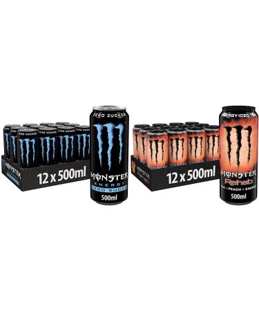 Monster Energy Zero Sugar-caffeinated energy drink with a classic monster taste (12 x 500 ml) & Rehab Peach-caffeine-containing energy-old with peach taste (12 x 500 ml) bundle with mango loco