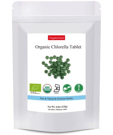 Organichain Chlorella Tablets Organic 4.4 Ounce(125g) Rich in Vegan Proteins & Vitamins Raw Bulk Premium Chlorella Supplement Vegan Friendly Non-Irradiation