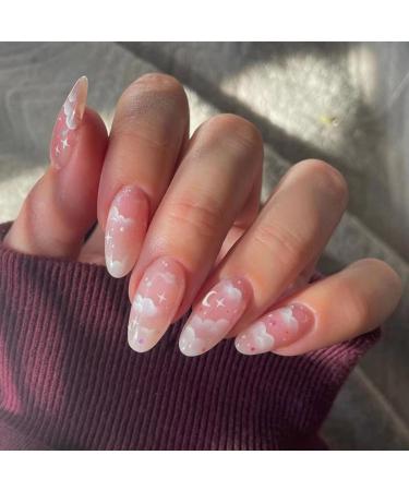 Almond Press on Nails Medium Fake Nails White Clouds Acrylic False Nails Press Ons WIth Stars Moon Designs Full Cover Glue on Nails Stick on Nails for Women Girls Manicure Art 24 Pcs Design C1