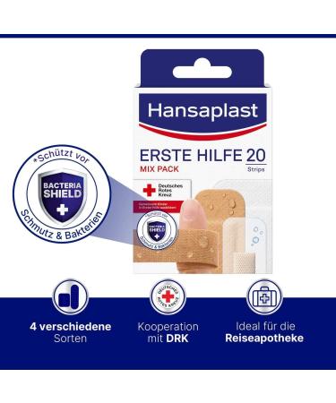 Hansaplast First Aid Plaster Mix - 20 Strips with Bacteria Shield | Ideal for On-the-Go Wound Care - Buy Online on GoSupps.com