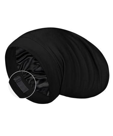 LULUSILK 100% Mulberry Silk Lined Sleep Cap Bonnet for Sleeping No More Frizzy Tangled Hair Stay On All Night Adjustable Silk Hair Wrap for Sleeping Black Pack of 1