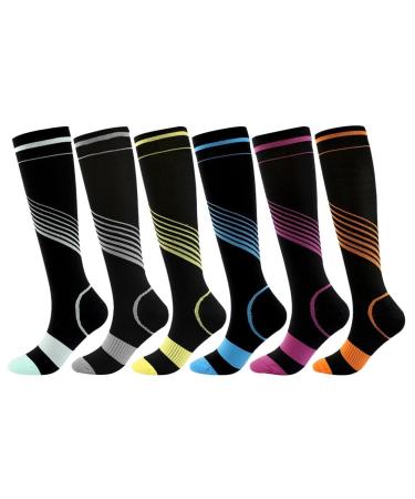 WOOAUTO 6 pair of colorful striped compression socks Long socks for men and women Foot warmers Socks Football Socks Running stockings Compression Knee socks for sports running cycling multicolored S-M